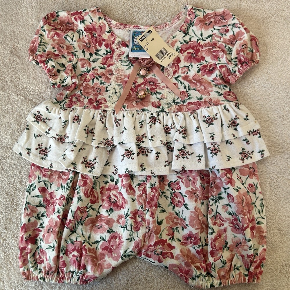 Vintage Jenna B. Girl 12mo Bubble Romper Floral Ruffle Cottagecore 90s Mervyns
